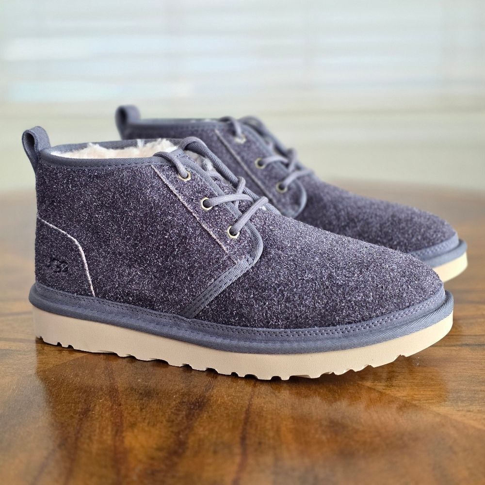 UGG Neumel Shaggy Suede Chukka Boots Dark Grey Men's Size 9 Real Fur New 1158219